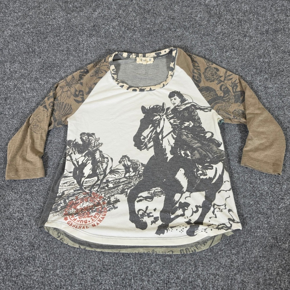 For Keeps Mens Graphic Baseball Tee Brown Cream Cowboy Rock Poster Size M USA